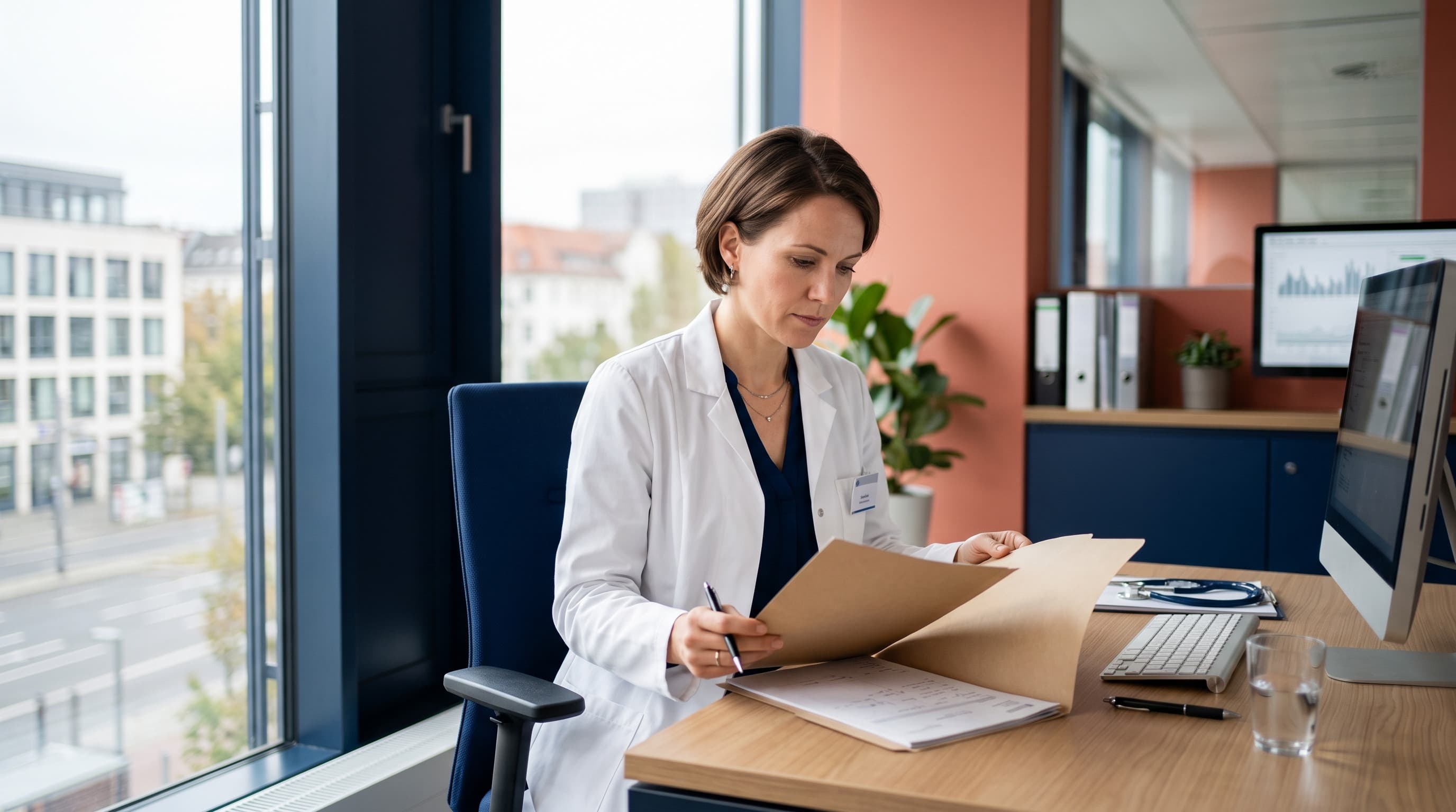 Berufshaftpflichtversicherung für Ärzte: Ärztin prüft eine Patientenakte in einer modernen deutschen Klinik.
