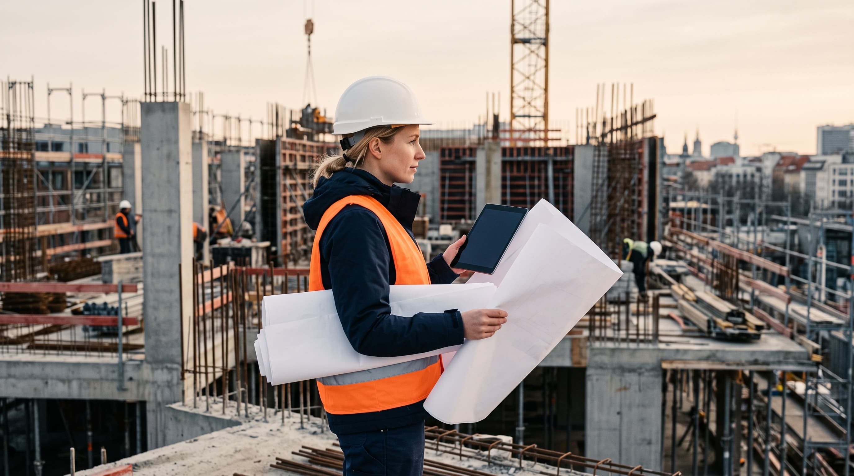 Berufshaftpflichtversicherung für Architekten: Architektin mit Bauplänen und Tablet prüft einen Rohbau auf einer Berliner Baustelle.