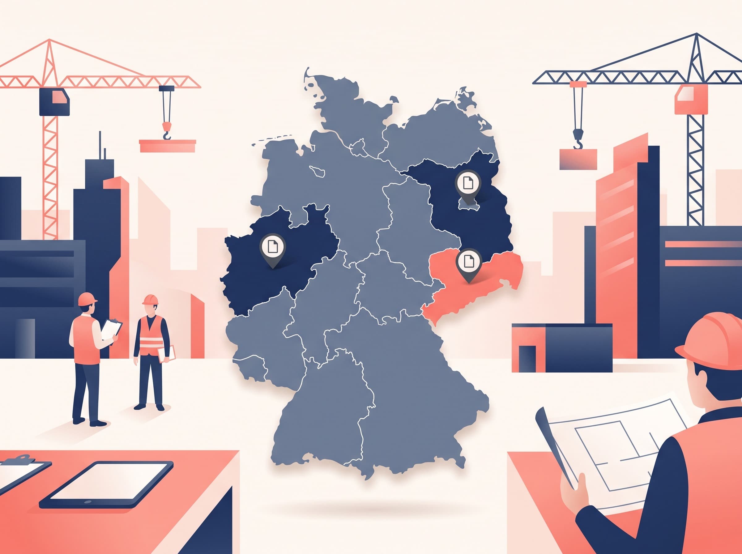 Karte von Deutschland mit den drei hervorgehobenen Bundesländern Baden-Württemberg, Niedersachsen und Nordrhein-Westfalen, die jeweils eine eigene Landesnorm zur Versicherungspflicht für Architekten kennzeichnen.