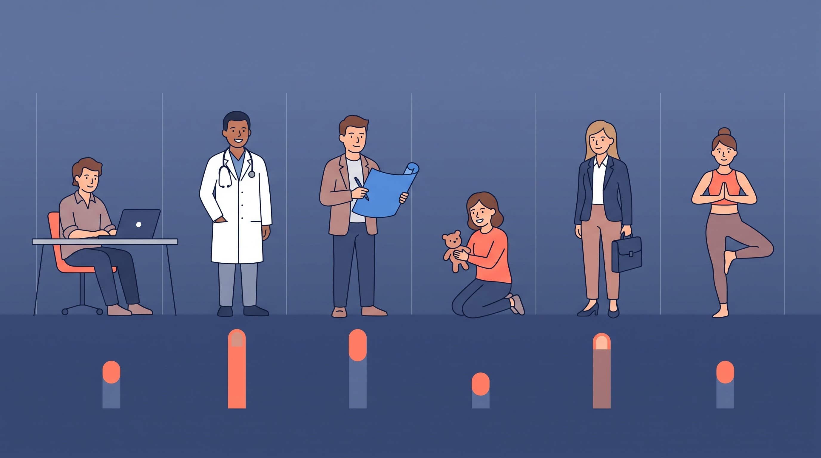 Berufs-Icons für IT-Freelancer, Arzt, Architekt, Erzieher, Berater und Yogalehrer über einer Preis-Stufen-Skala für die Berufshaftpflichtversicherung.
