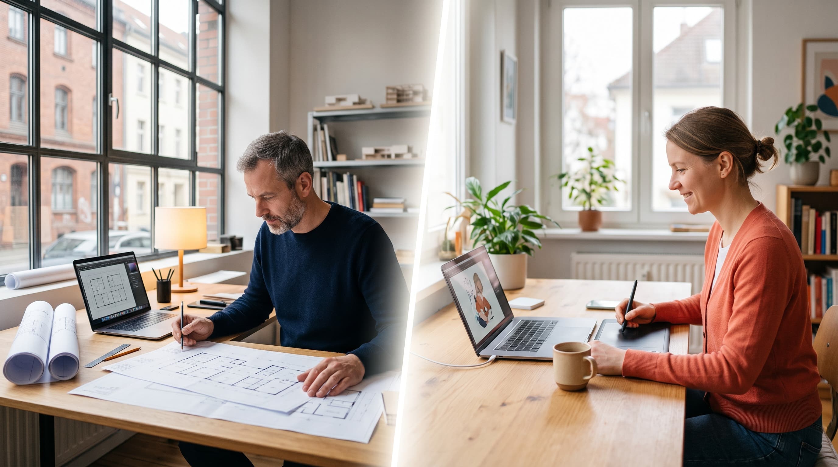 Professional indemnity insurance in Germany: an architect and a freelance graphic designer at their workplaces.
