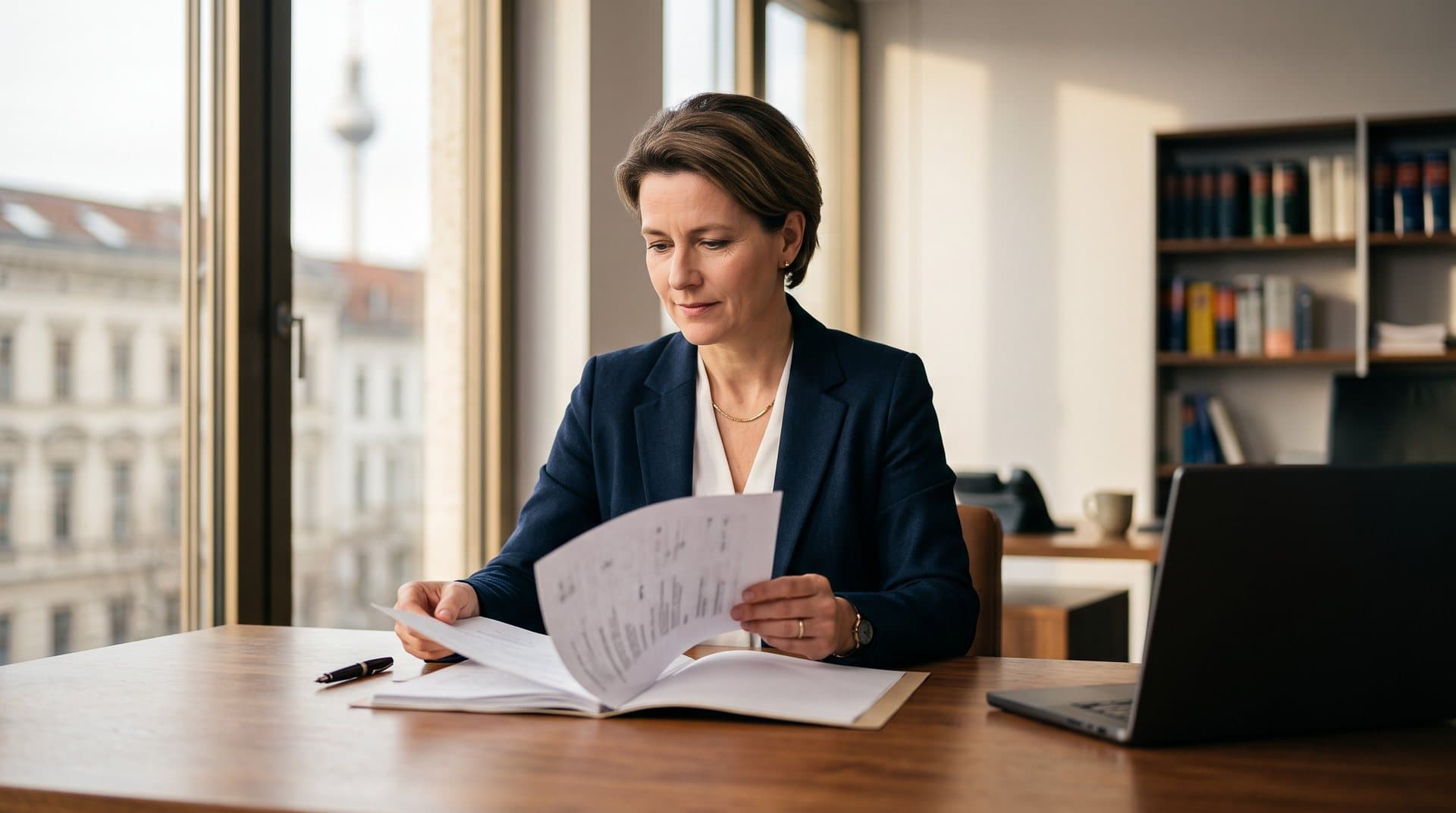 Professional indemnity insurance for lawyers: a lawyer reviewing a case file at a desk in a Berlin law office.