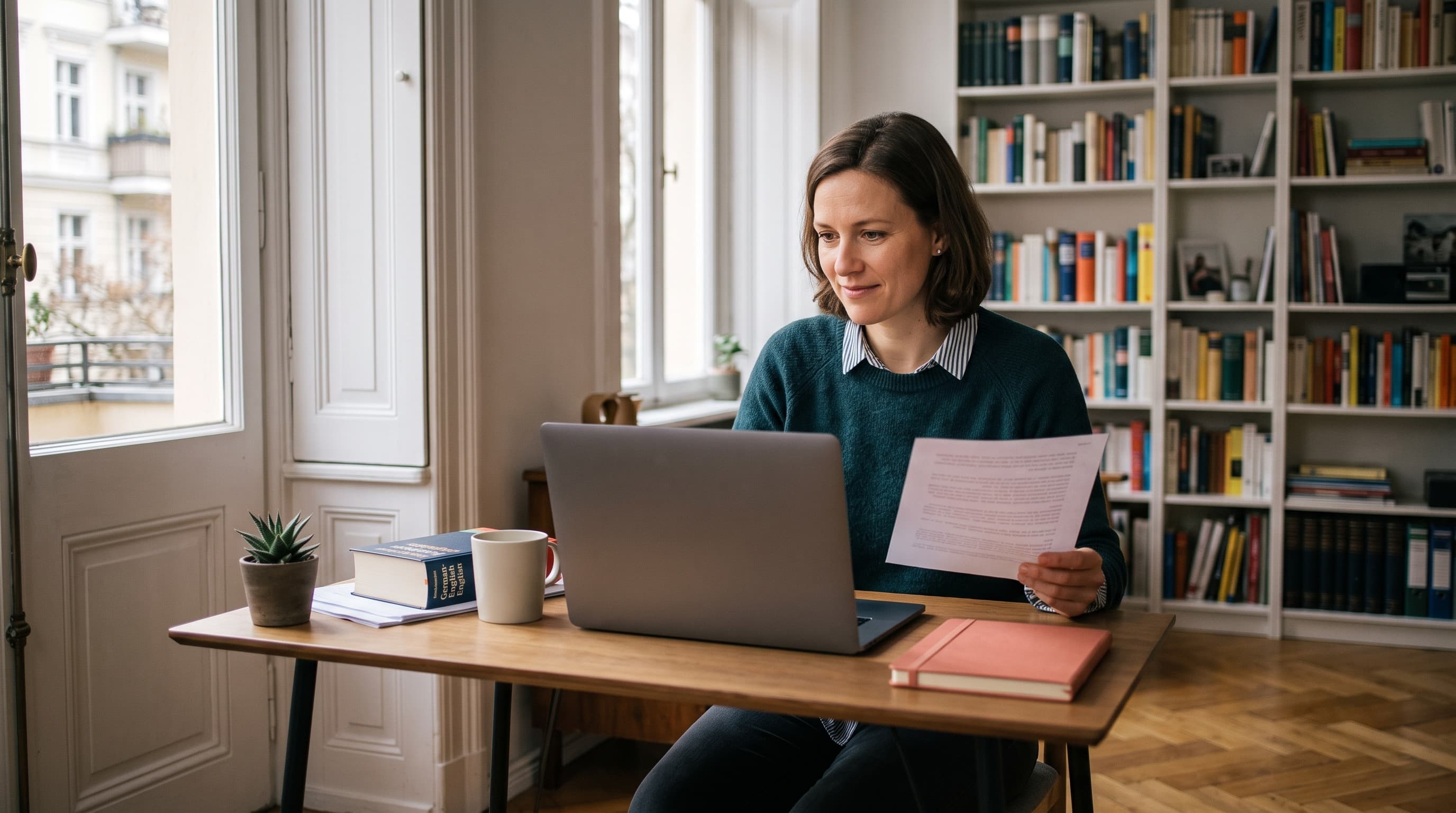 Professional indemnity insurance for translators: a freelance translator at a home-office desk in a period Berlin apartment building.