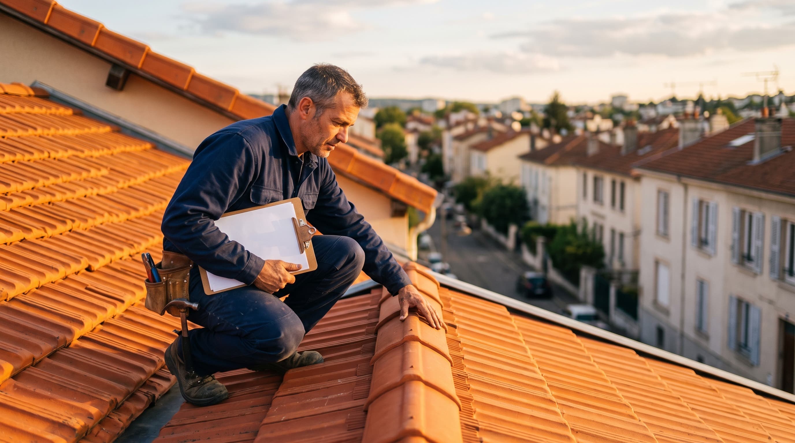 Garantie décennale in France: a roofer inspects a completed roof on a Lyon building.