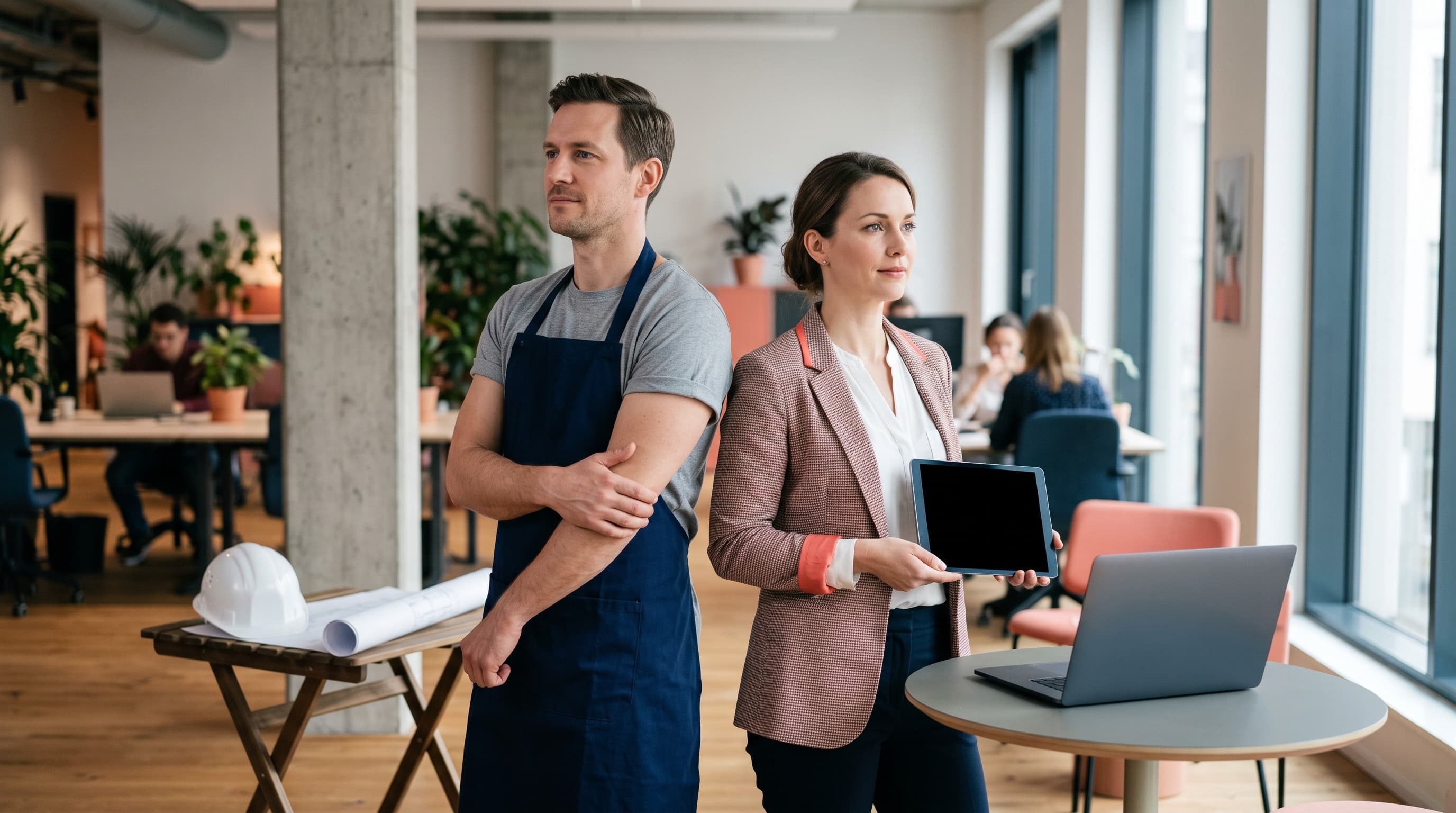 Professional indemnity vs public liability insurance in Germany: a freelance translator and a tradesperson comparing Berufshaftpflicht and Betriebshaftpflicht policies.