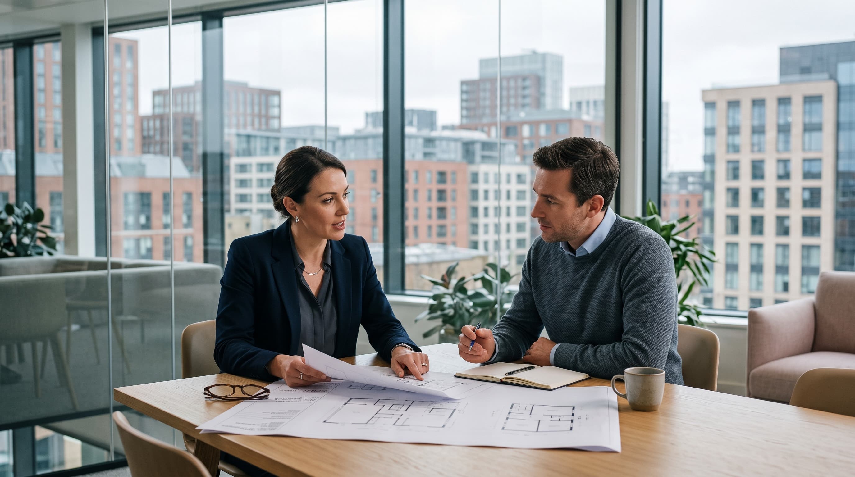 Professional indemnity insurance for UK consultants: an adviser reviewing project plans in a Manchester office.