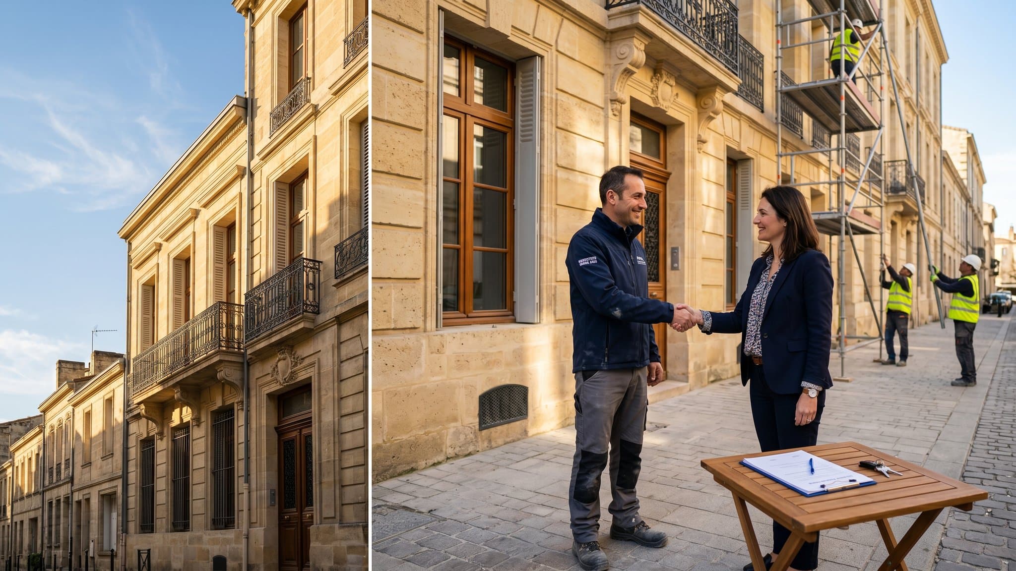 Decennale insurance in France 2026 — builder and English-speaking client shaking hands at handover