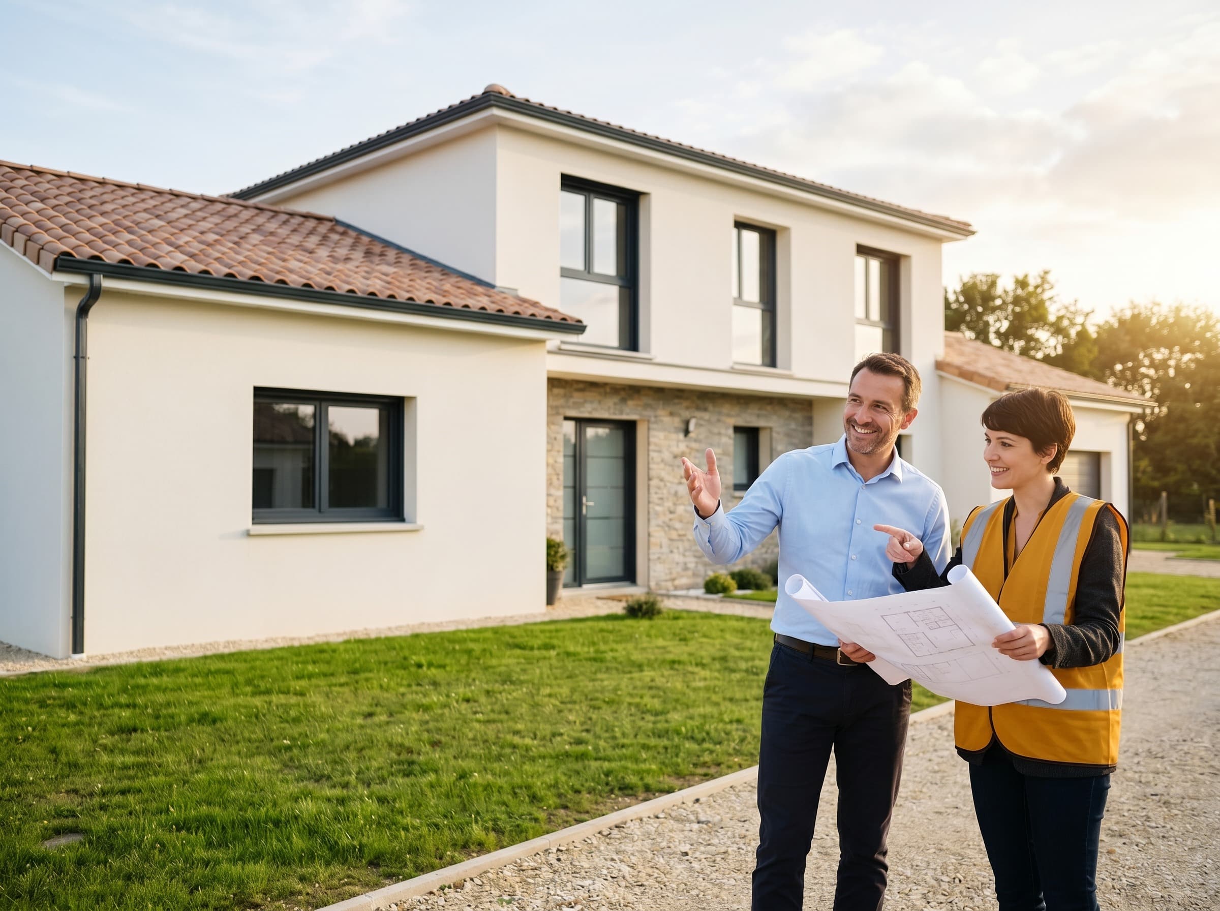 Propriétaire et architecte examinent les plans devant une maison neuve — assurance dommages-ouvrage DigiCare