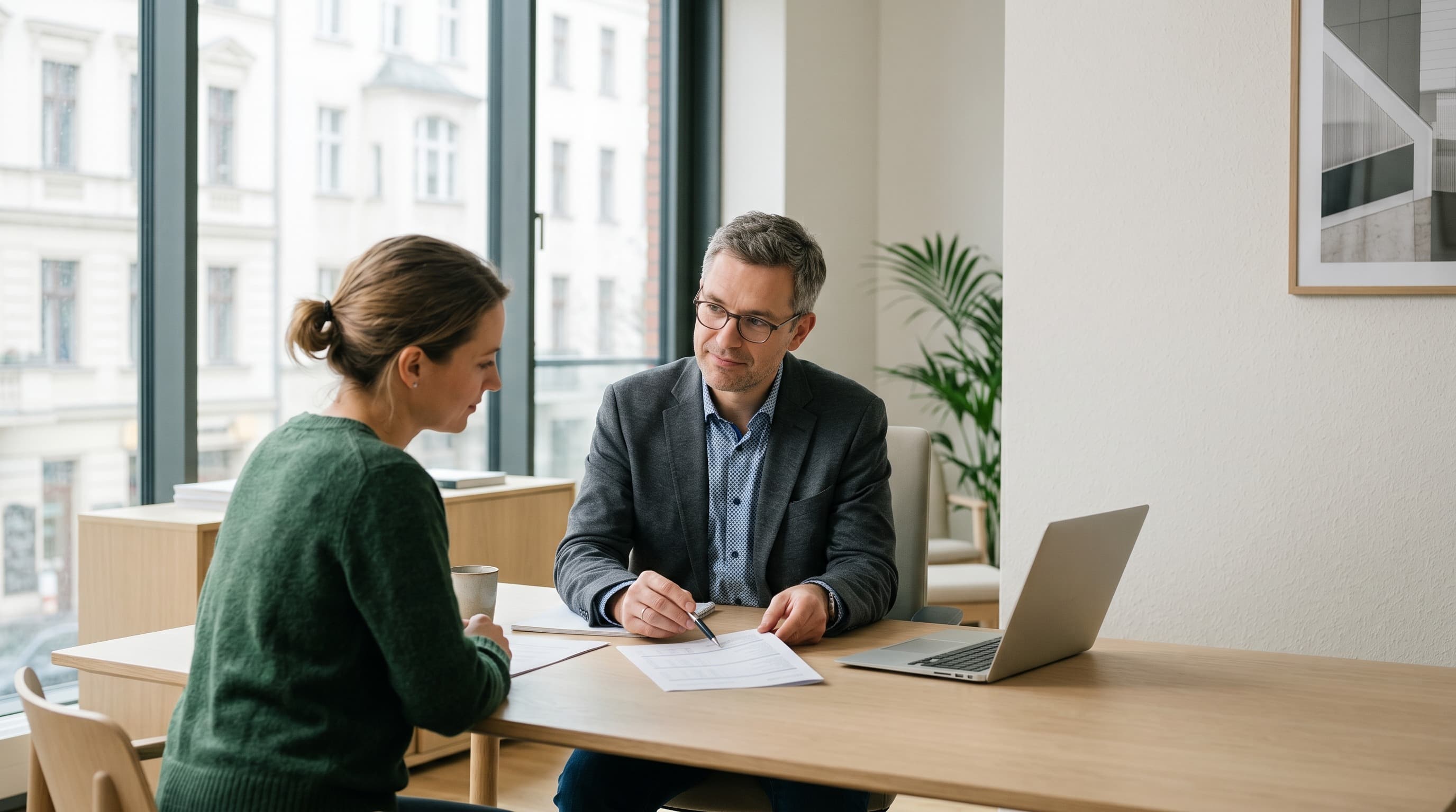 A tax adviser reviews financial documents with a client at a modern Berlin office desk.