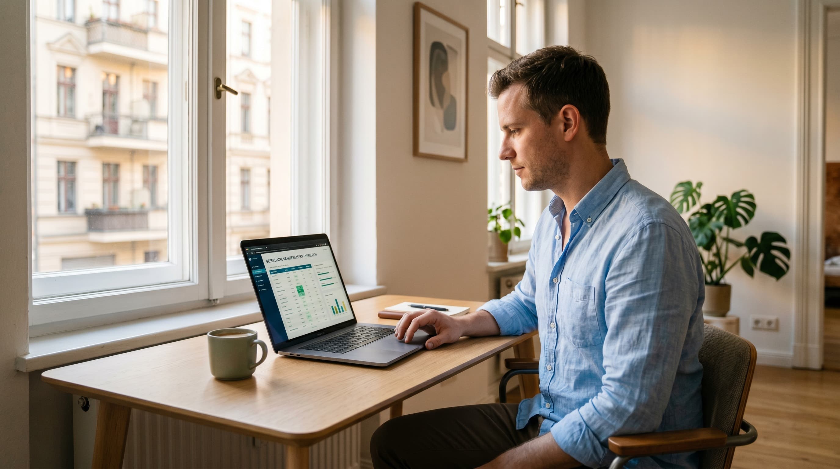 Person prüft Krankenversicherung am Laptop in einer modernen Berliner Wohnung bei natürlichem Tageslicht