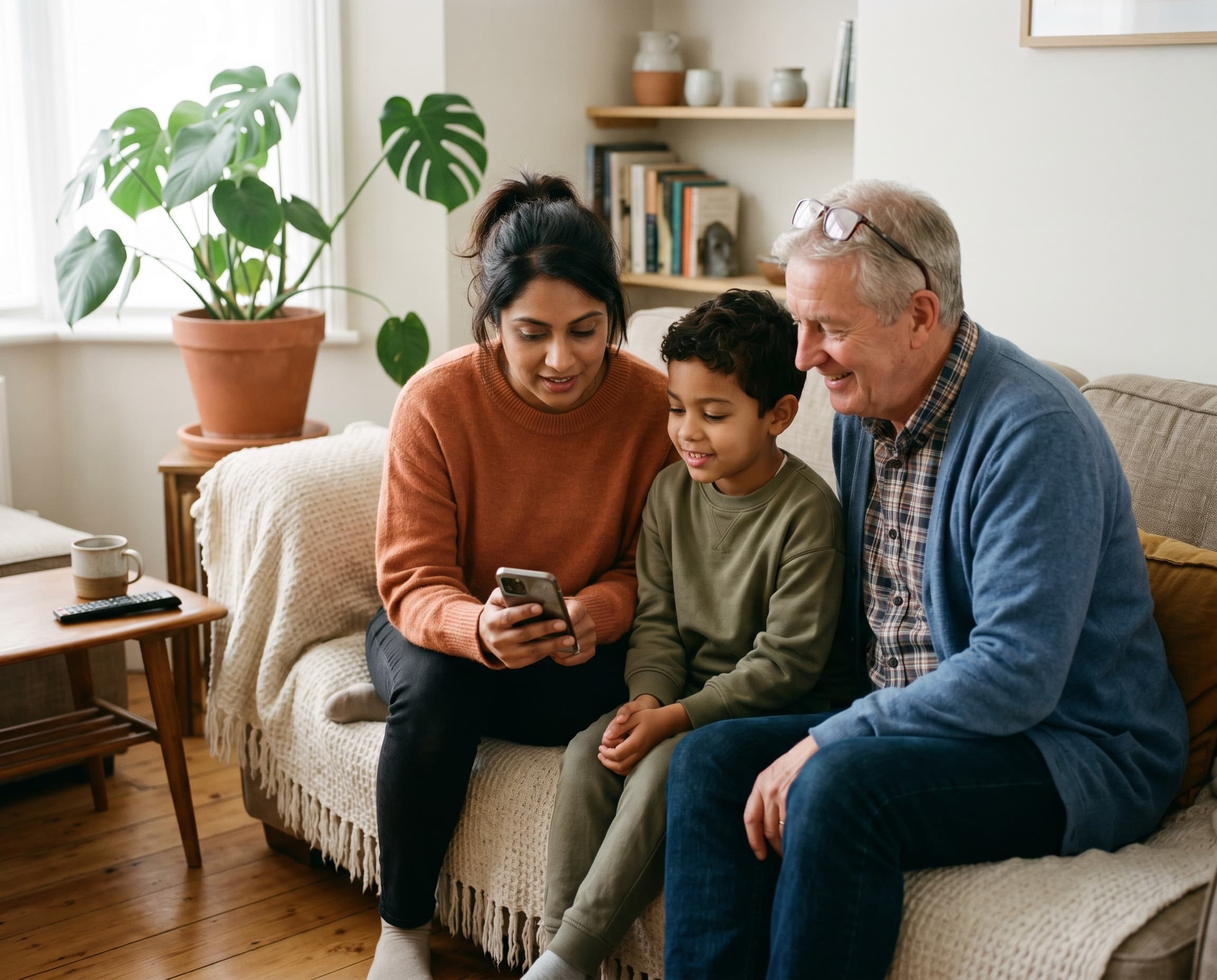 Eine entspannte Familie in Deutschland schaut gemeinsam zu Hause auf ein Smartphone, ruhig und zufrieden.