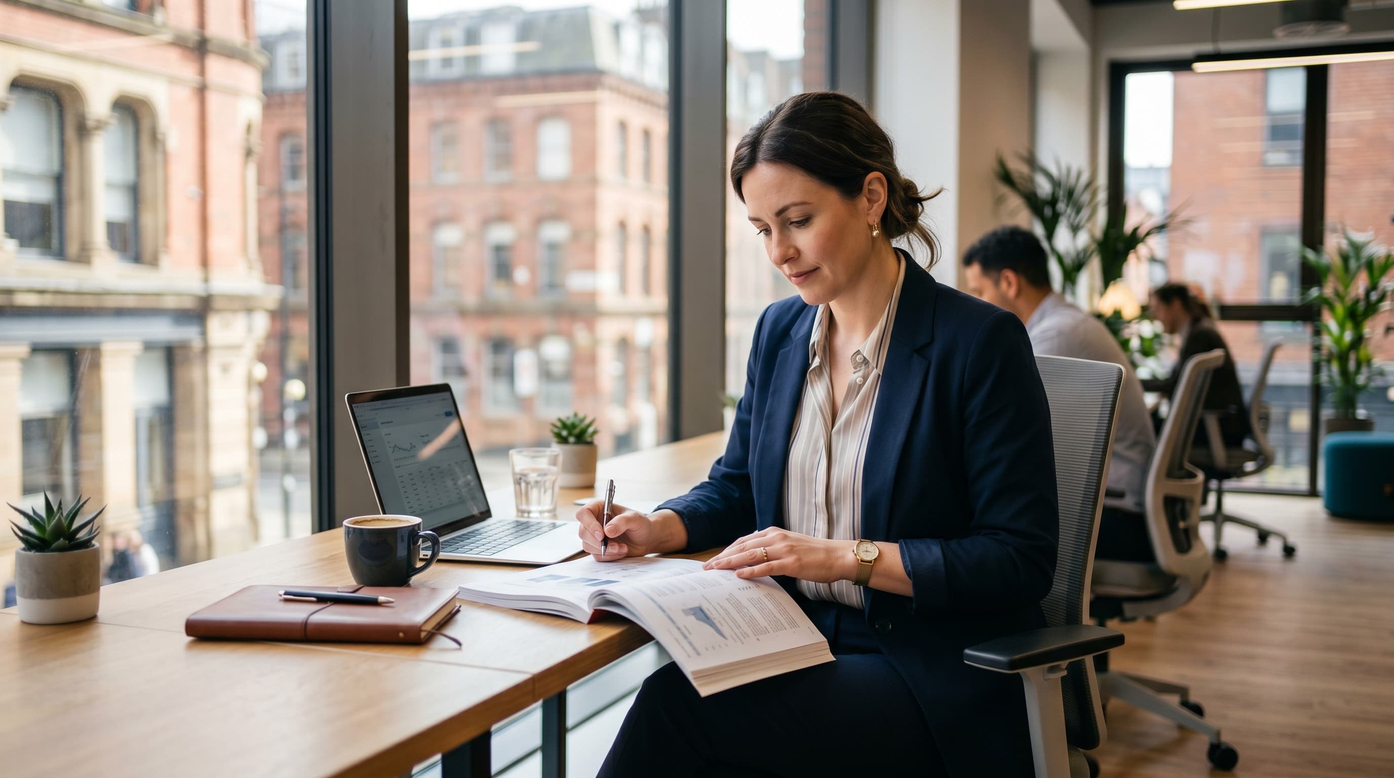 A consultant reviews a client report at a modern desk in a daylit Dublin co-working office — professional indemnity insurance for Irish consultants and advisers